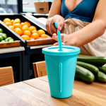 **Prompt 1: Reusable Lifestyle**
    A bright and positive image of a person effortlessly incorporating reusables into their daily life. Show them confidently using a stylish reusable tumbler at a modern cafe, carrying a chic eco-bag while shopping, and offering their own reusable container at a market or deli for fresh produce or bulk items. The scene should convey a sense of satisfaction and modern eco-consciousness, highlighting various reusable items.