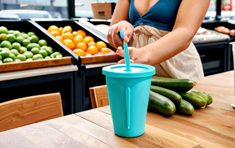 **Prompt 1: Reusable Lifestyle**
A bright and positive image of a person effortlessly incorporating reusables into their daily life. Show them confidently using a stylish reusable tumbler at a modern cafe, carrying a chic eco-bag while shopping, and offering their own reusable container at a market or deli for fresh produce or bulk items. The scene should convey a sense of satisfaction and modern eco-consciousness, highlighting various reusable items.